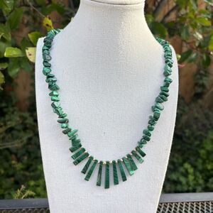 Vintage Malachite Fringe Necklace 23 Inch Green Stone Gold Bead Statement